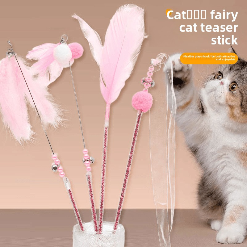 Luxury Cat Teaser Stick with Feather Ribbon and Fur Ball