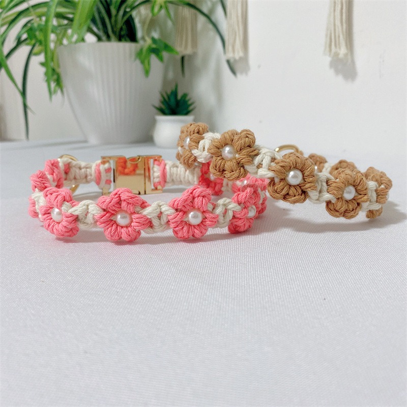 Pet Collar Cotton Rope Pearl Flower Woven