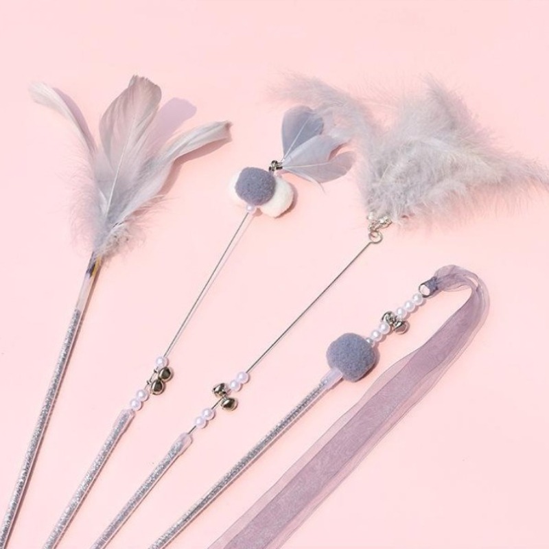 Luxury Cat Teaser Stick with Feather Ribbon and Fur Ball