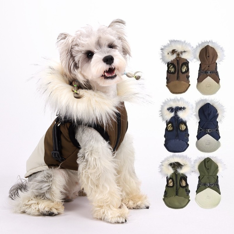 Windproof Hooded Dog Waistcoat with Fur Collar