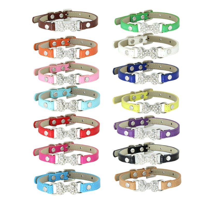 Dog Collar PU Leather Bone Rhinestone