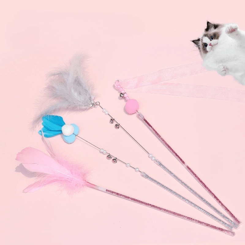 Luxury Cat Teaser Stick with Feather Ribbon and Fur Ball