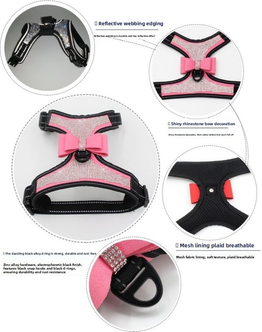 Dog Chest Harness Vest Rhinestone Bow Reflective