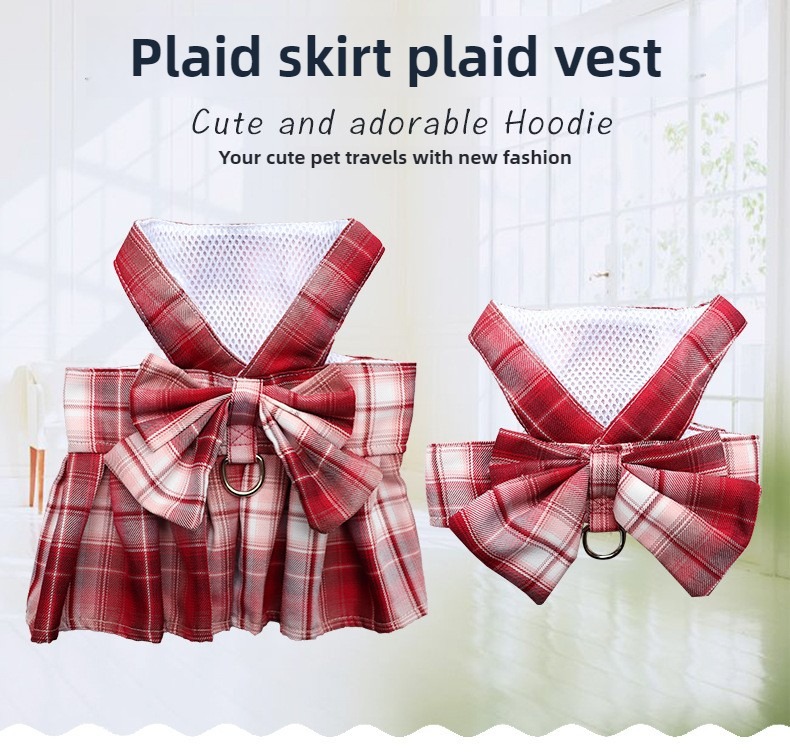 Summer Polyester Pet Harness Vest JK Plaid Skirt