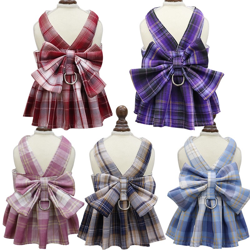 Summer Polyester Pet Harness Vest JK Plaid Skirt