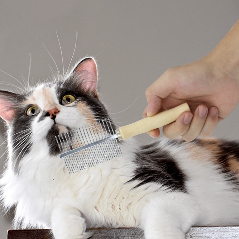 Stainless Steel Pet Hair Comb with Wooden Handle